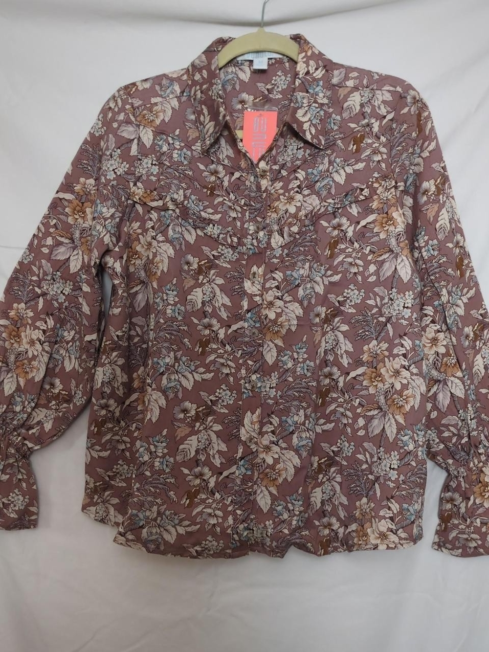 Floral Button-Front Shirt in Mauve with Cream and Blue Accents